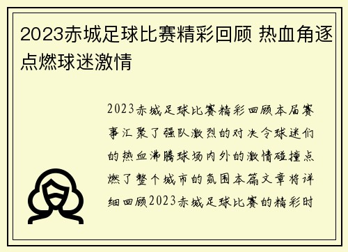 2023赤城足球比赛精彩回顾 热血角逐点燃球迷激情