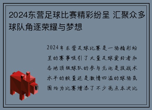 2024东营足球比赛精彩纷呈 汇聚众多球队角逐荣耀与梦想