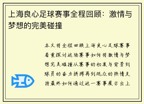 上海良心足球赛事全程回顾：激情与梦想的完美碰撞