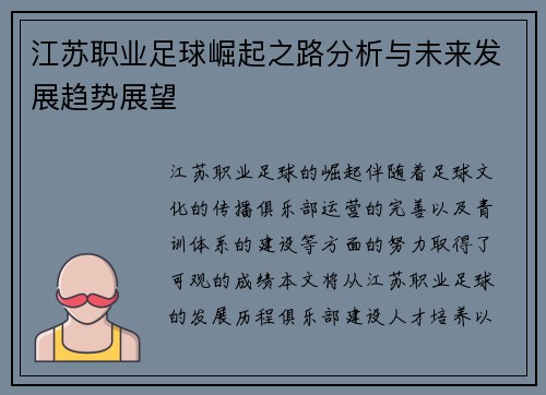 江苏职业足球崛起之路分析与未来发展趋势展望