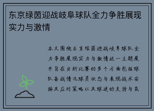 东京绿茵迎战岐阜球队全力争胜展现实力与激情