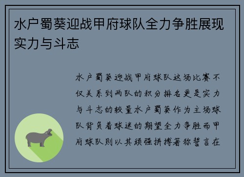 水户蜀葵迎战甲府球队全力争胜展现实力与斗志