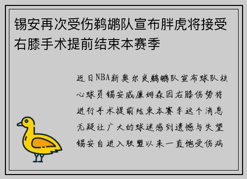 锡安再次受伤鹈鹕队宣布胖虎将接受右膝手术提前结束本赛季