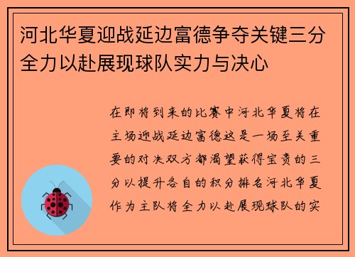 河北华夏迎战延边富德争夺关键三分全力以赴展现球队实力与决心