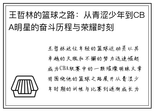 王哲林的篮球之路：从青涩少年到CBA明星的奋斗历程与荣耀时刻